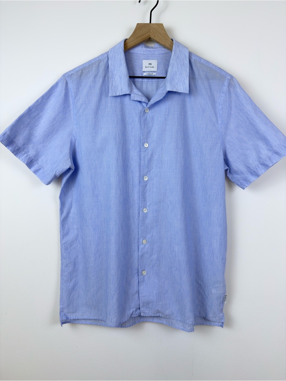 Paul Smith Casual Fit Linen Blend Short Sleeve Button Up Shirt Blue Size L